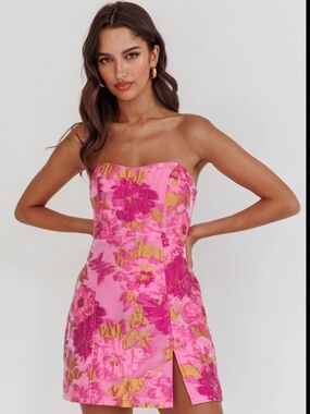 Showpo Pink Floral Strapless Mini Dress